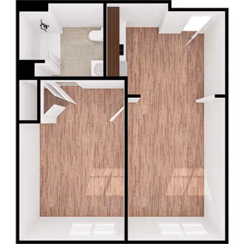 Top-down floor plan showing two wood-floored rooms, a bathroom, and a small kitchenette/entry area.