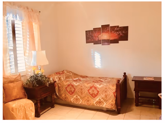 A cozy bedroom with a single wooden bed covered with a patterned quilt. Next to the bed is a wooden nightstand with a lamp and a small plant. There is a cushioned chair with a pillow near a window with white curtains. A multi-panel artwork featuring a sunset and flowers hangs on the wall above the bed.