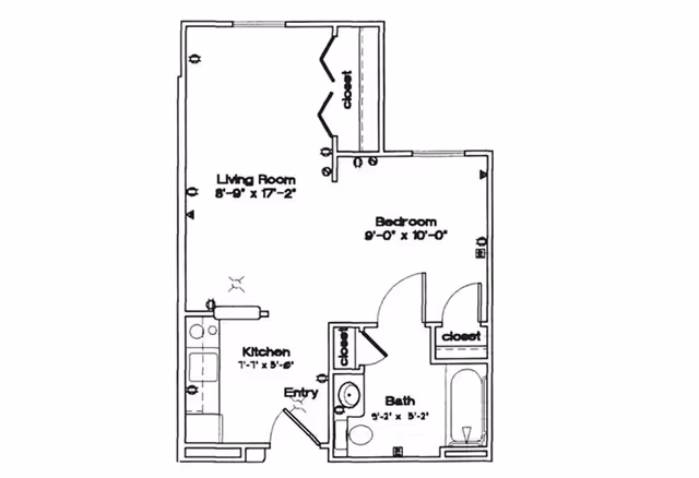 Black-and-white floor plan of a one-bedroom apartment showing a living room, bedroom, kitchen, bath, closets, and entry.