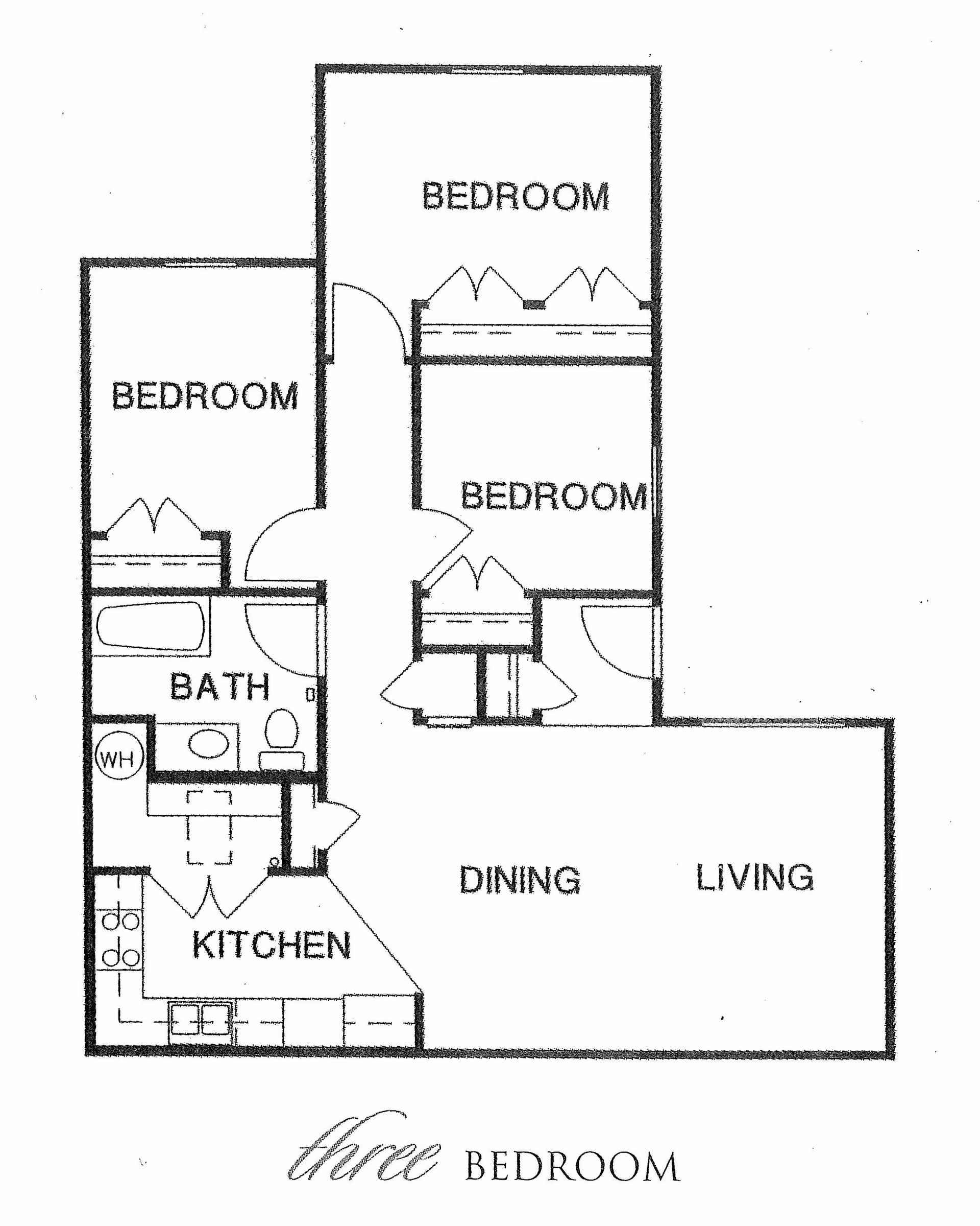 Black and white architectural floor plan of a three-bedroom apartment with labeled areas including kitchen, bath, dining, and living spaces.