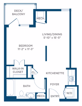 Floor plan of a senior living unit at Somerby Mobile featuring a bedroom with walk-in closet, bathroom, kitchenette, living/dining area, foyer, entry, mechanical rooms, washer/dryer area, and a deck/balcony.