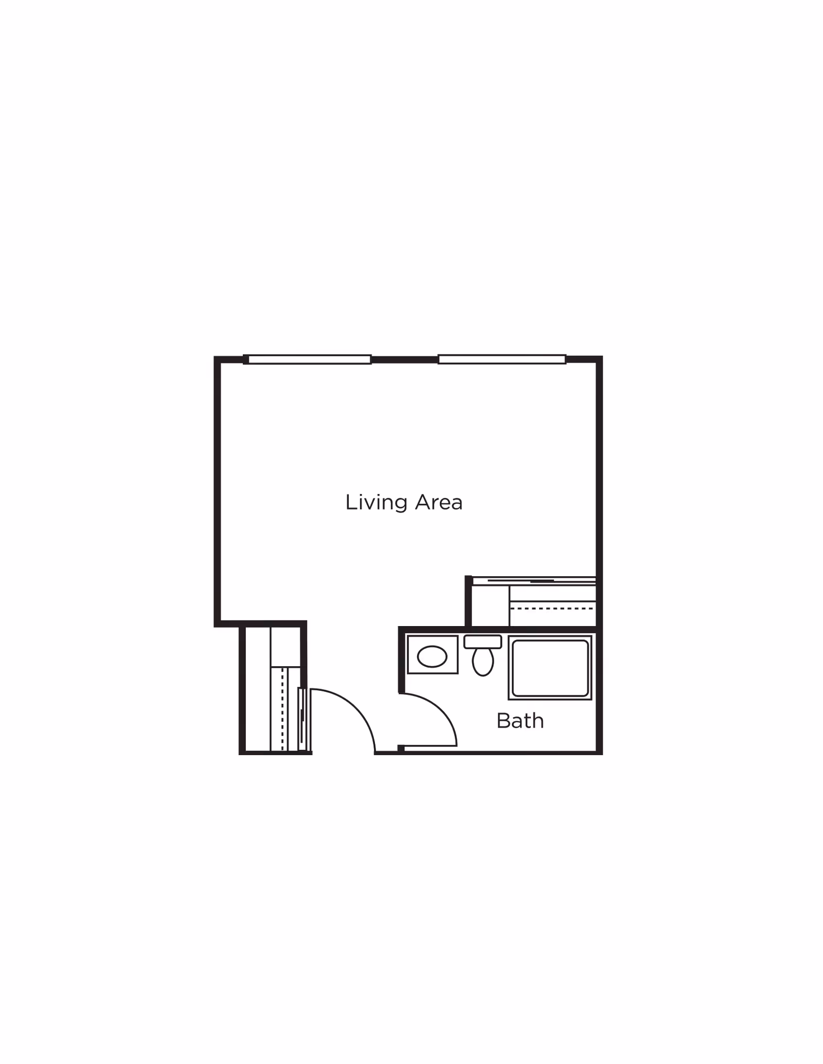 Floor plan layout showing a living area with two windows and an adjacent bathroom with a sink, toilet, and bathtub.