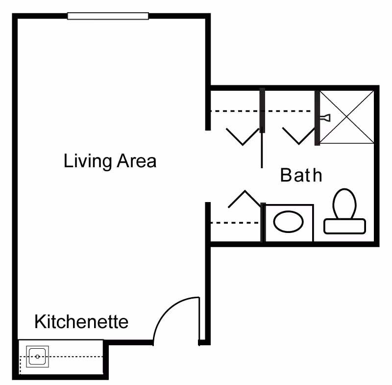 Floor plan showing a living area connected to a kitchenette and a bathroom. The bathroom includes a shower, toilet, and sink, with closets adjacent to it.