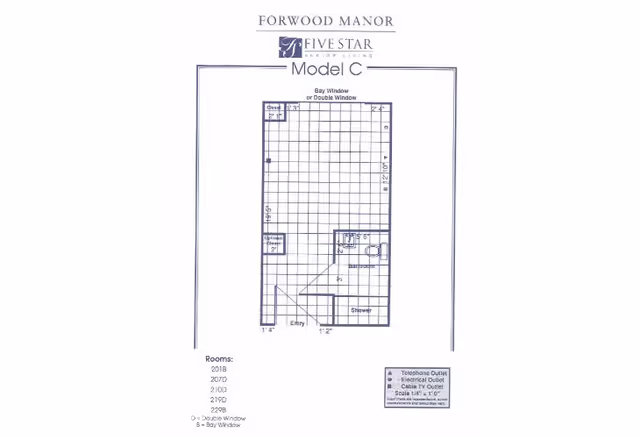 Architectural floor plan for Forwood Manor Model C by Five Star Senior Living, showing a layout with an entry, bathroom with shower, closet spaces, and a large main room with bay or double window.