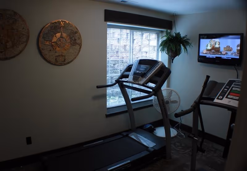 A small exercise room with a treadmill and an elliptical machine facing a wall-mounted TV. There is a window with blinds letting in natural light, a standing fan on the floor, a hanging plant in the corner, and two decorative wall hangings resembling compasses.