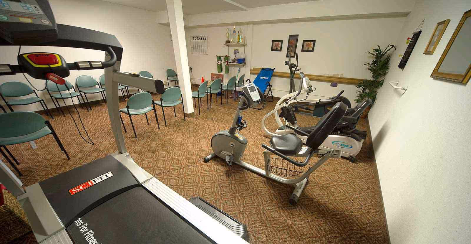 Indoor exercise room with a treadmill, stationary bike, and other fitness equipment. Several green chairs are arranged along the walls, and there are framed pictures and a plant on the walls. The room has patterned carpet flooring and white walls.