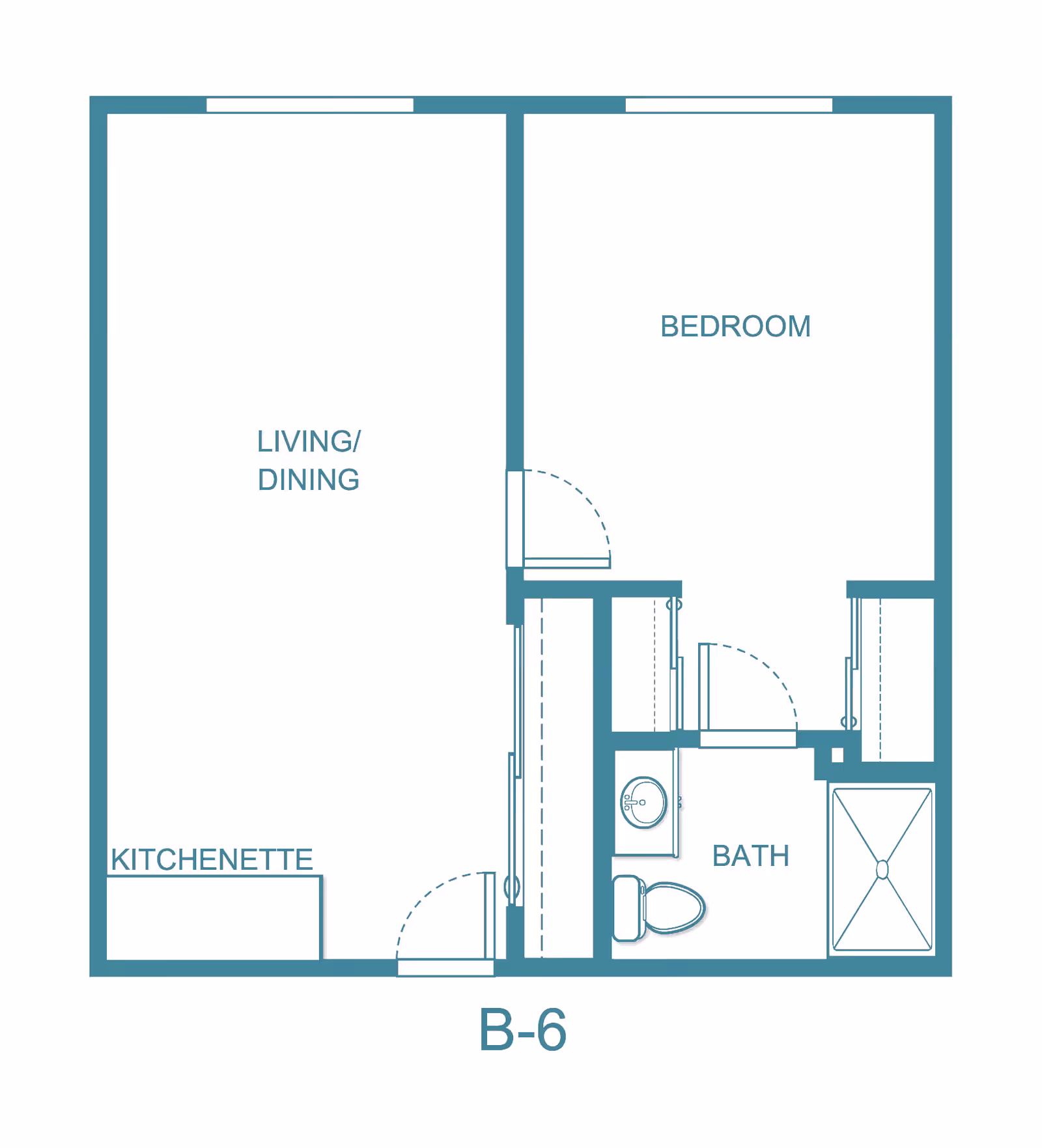 Floor plan layout of a senior living unit labeled B-6 at River's Edge By Barclay House, showing a living/dining area with kitchenette, a bedroom, and a bathroom with a shower, toilet, and sink.
