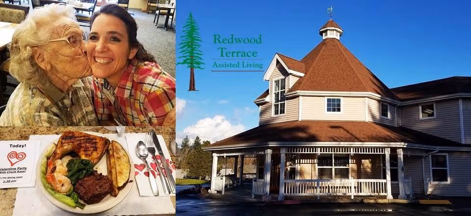 Collage image showing three scenes: an elderly woman kissing a smiling younger woman on the cheek in a dining area, a plate of food with steak, shrimp, vegetables, and a slice of bread on a table with utensils and a Valentine Party event card, and the exterior front view of a large building with a red roof and a sign that reads Redwood Terrace Assisted Living.