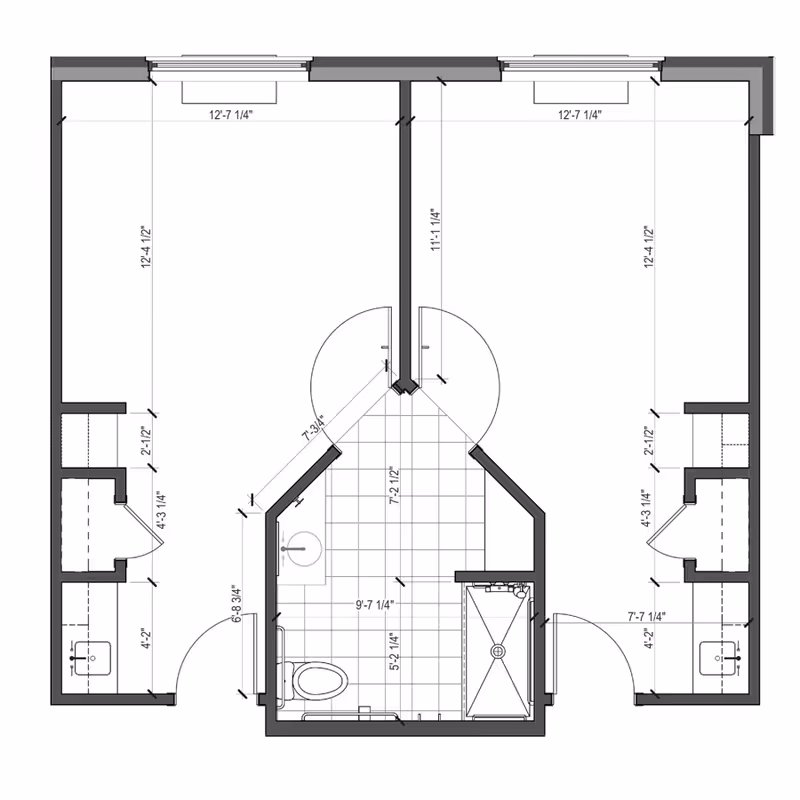 Architectural floor plan showing two adjacent rooms with closets and a shared bathroom area in the center, including a toilet, sink, and shower.