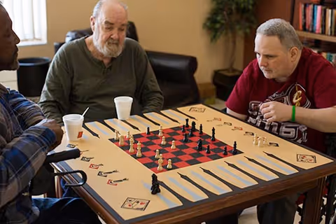Three elderly men sitting around a table playing chess in a cozy room with bookshelves and a plant in the background.