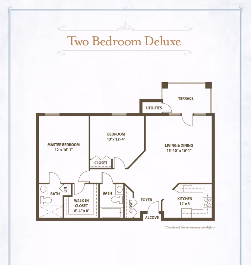 A labeled floor plan titled "Two Bedroom Deluxe" showing two bedrooms, living & dining area, kitchen, bathrooms, closets, utilities and a terrace.