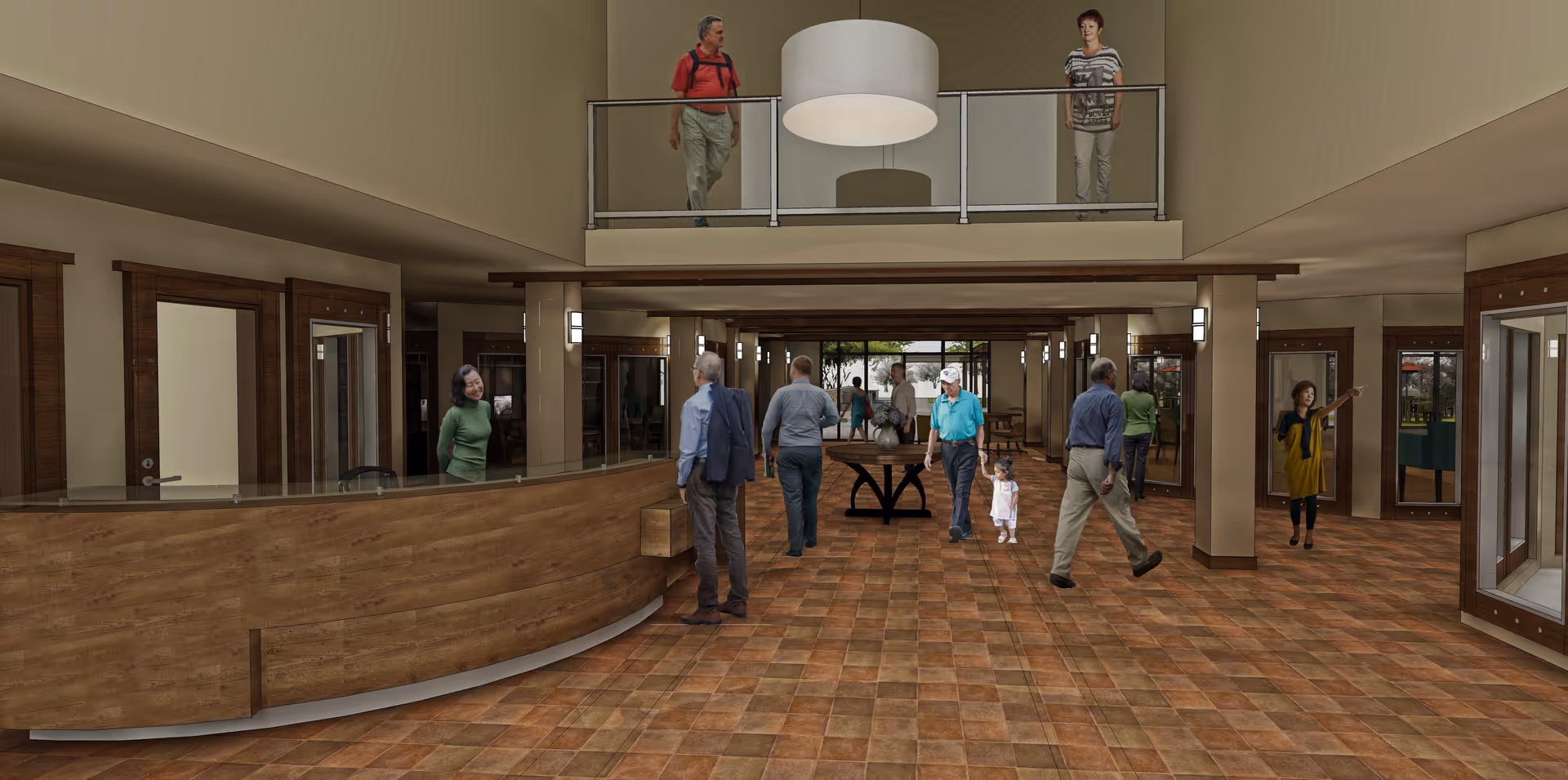 Interior view of a senior living facility lobby with a curved wooden reception desk on the left and multiple people walking or standing around. The space has a tiled floor, beige walls, wooden door frames, and a large hanging light fixture. There is a second-floor balcony with two people looking down.