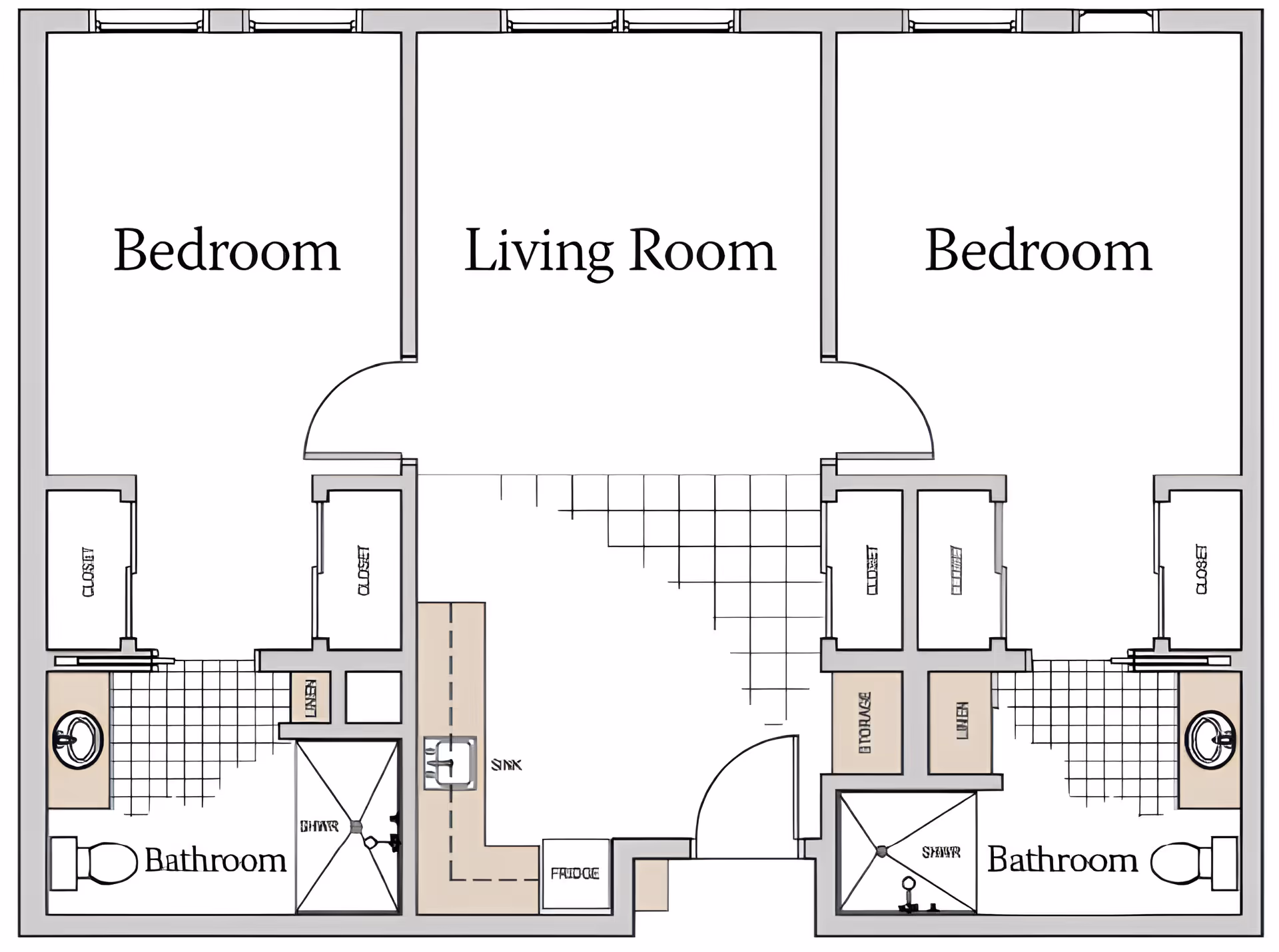 Floor plan of a two-bedroom senior living unit with a central living room, two bathrooms, closets, and a kitchen area.