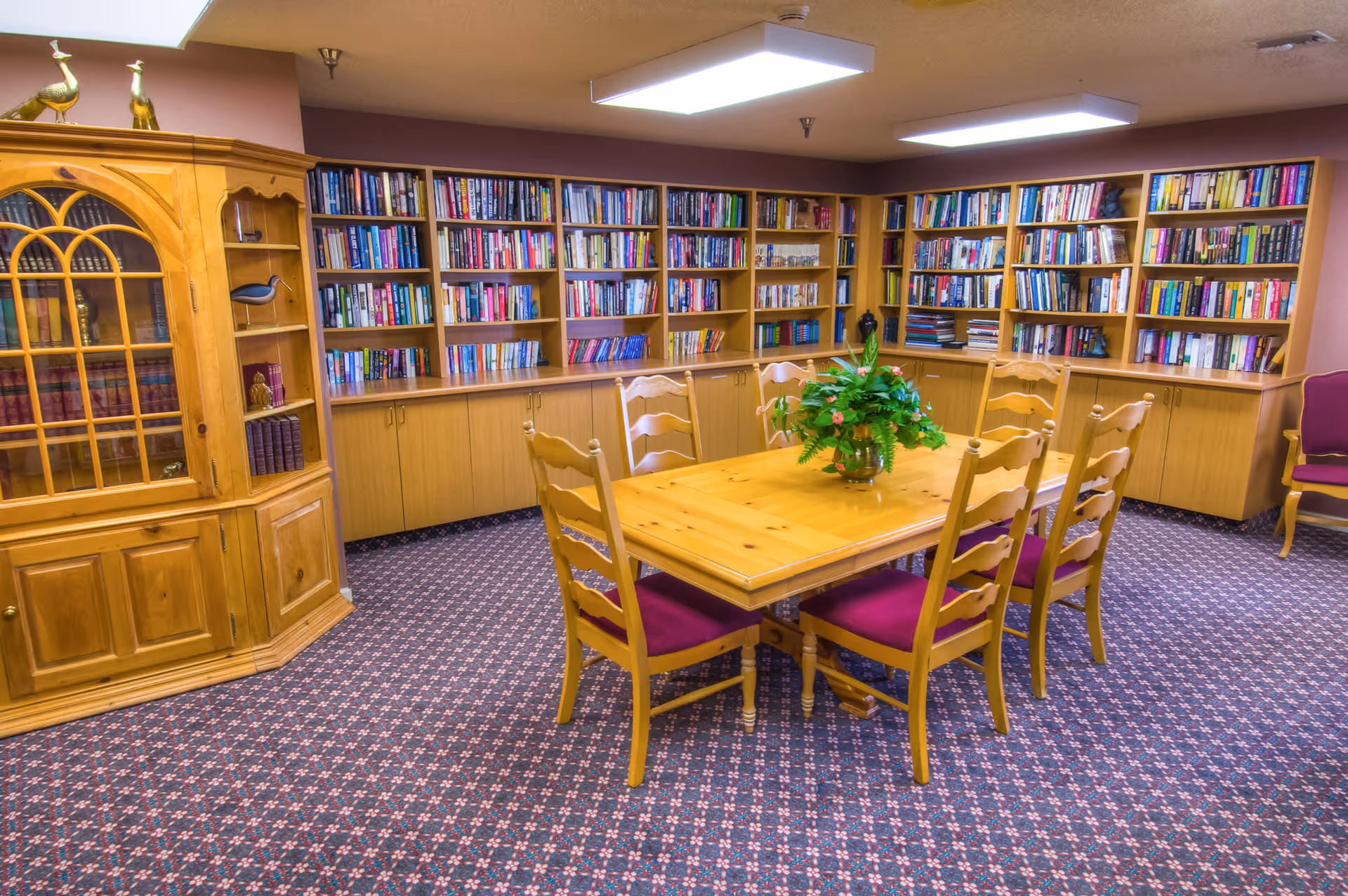 Carpeted community library room with a wooden table and chairs in the center, bookshelves lining the walls, and a potted plant on the table.