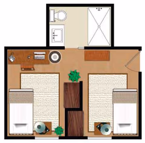 Top-down floor plan of a shared room with two single beds, nightstands, central storage, a desk area and an attached bathroom with shower and toilet.