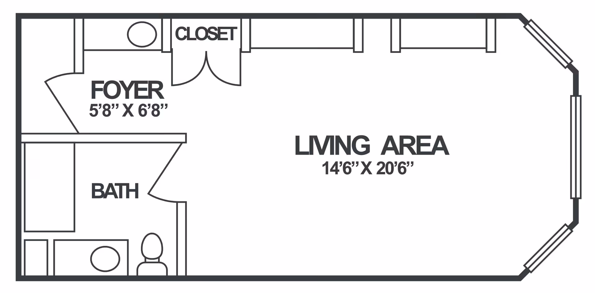 Architectural floor plan of a small living space showing a foyer with closet, a bathroom with a bathtub and toilet, and a large living area with dimensions labeled.