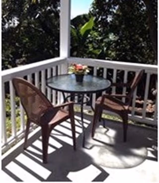 A small outdoor patio area with a round glass-top table and two brown chairs. A small potted plant with flowers is placed on the table. The patio is surrounded by white railings and greenery is visible in the background.