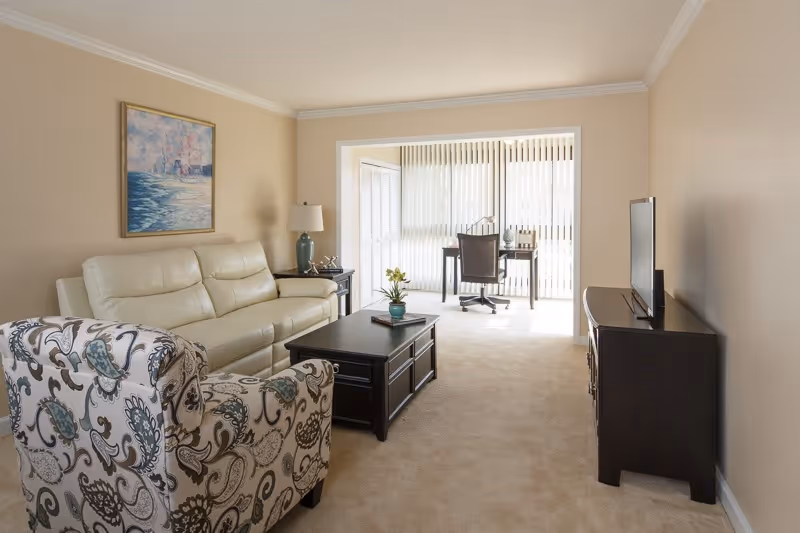 Sunny living room with a cream leather sofa, patterned armchair, dark wood coffee table and TV console, and a desk by large vertical-blind windows.