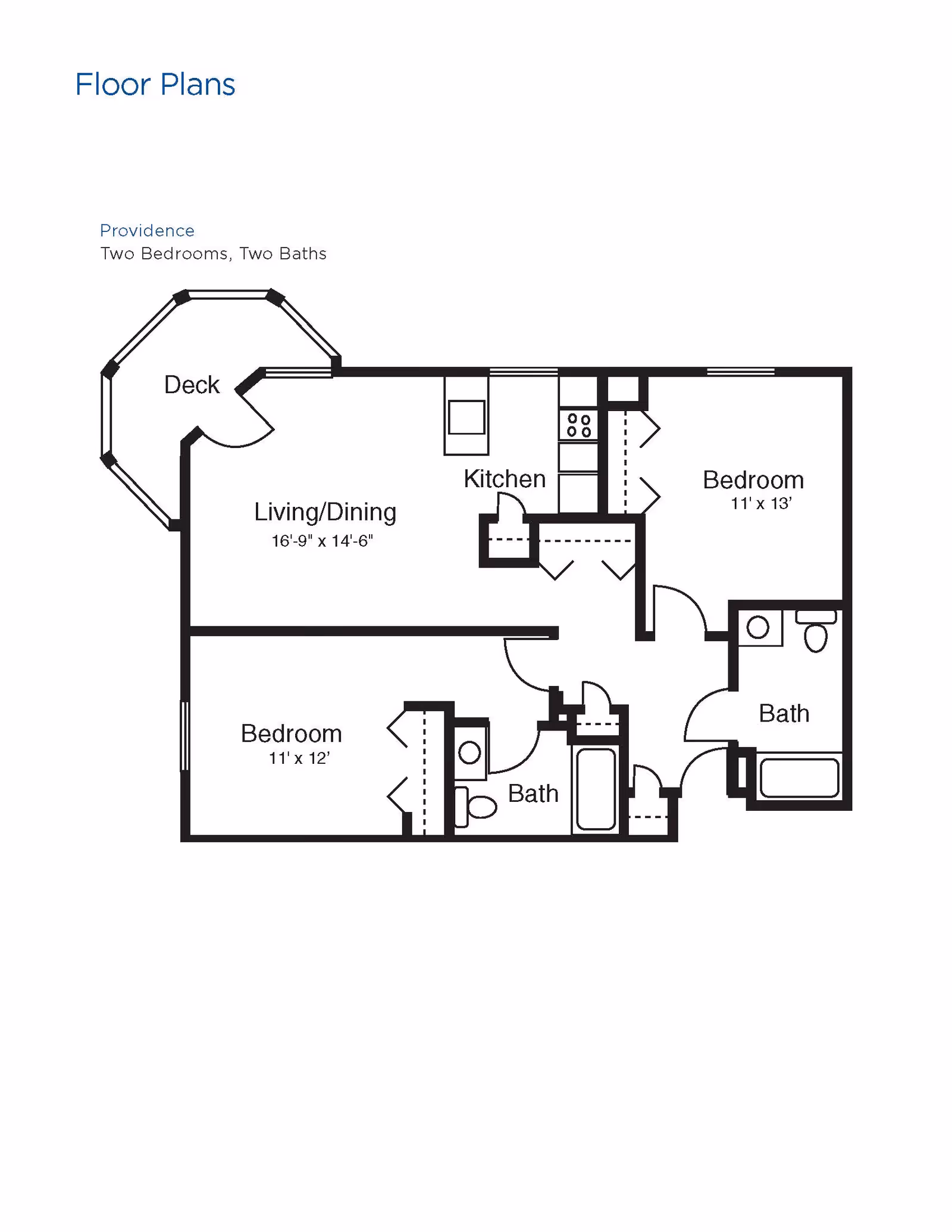 Floor plan labeled Providence showing two bedrooms, two baths, a kitchen, living/dining area, and a deck. The living/dining area measures 16 feet 9 inches by 14 feet 6 inches. One bedroom measures 11 feet by 13 feet, and the other bedroom measures 11 feet by 12 feet. The layout includes two bathrooms, one with a bathtub and the other with a shower.