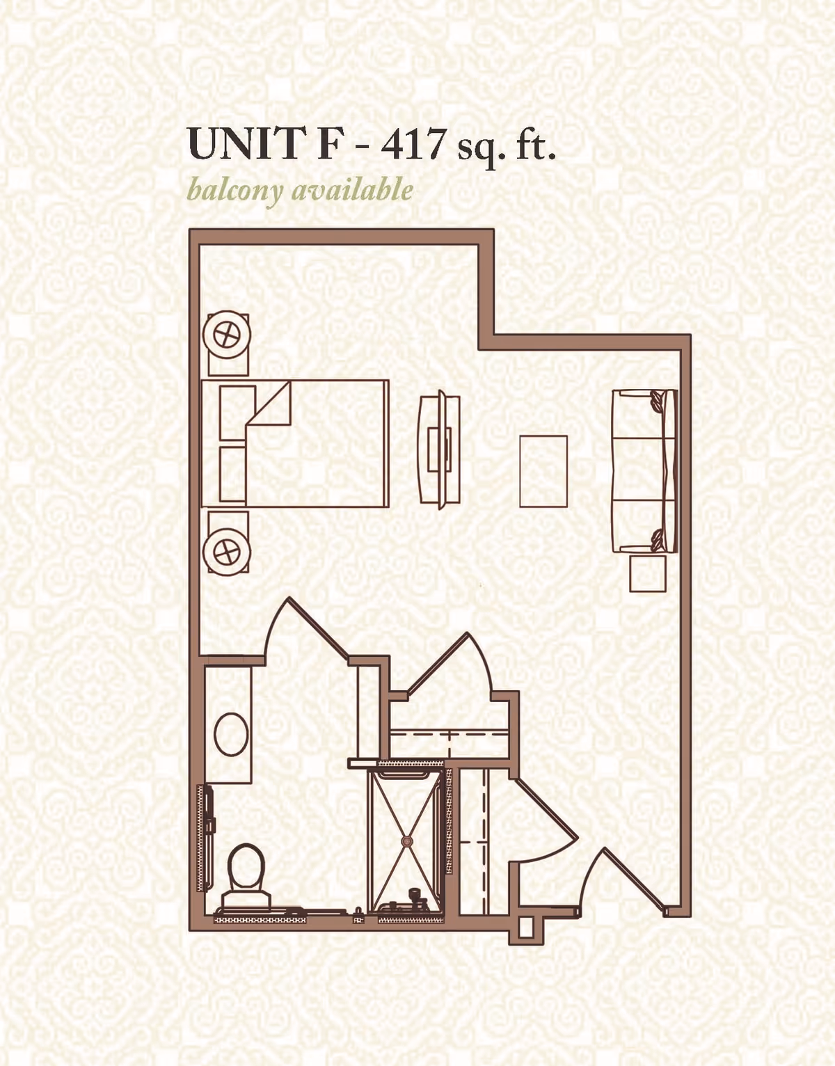 Floor plan labeled 'UNIT F - 417 sq. ft.' showing a studio layout with a bed, living area, bathroom with shower and toilet, closet, and entry.