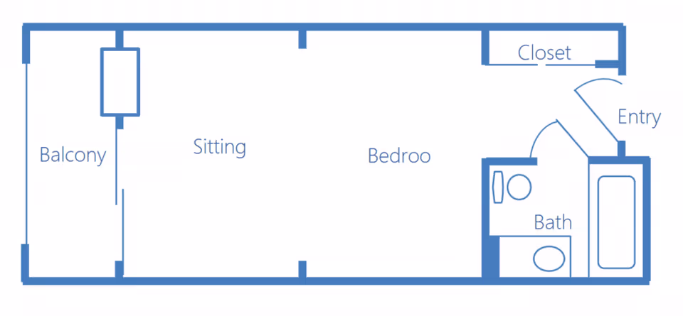 Floor plan of a senior living unit at Olive Grove showing a balcony, sitting area, bedroom, closet, entry, and bathroom with a bathtub, toilet, and sink.