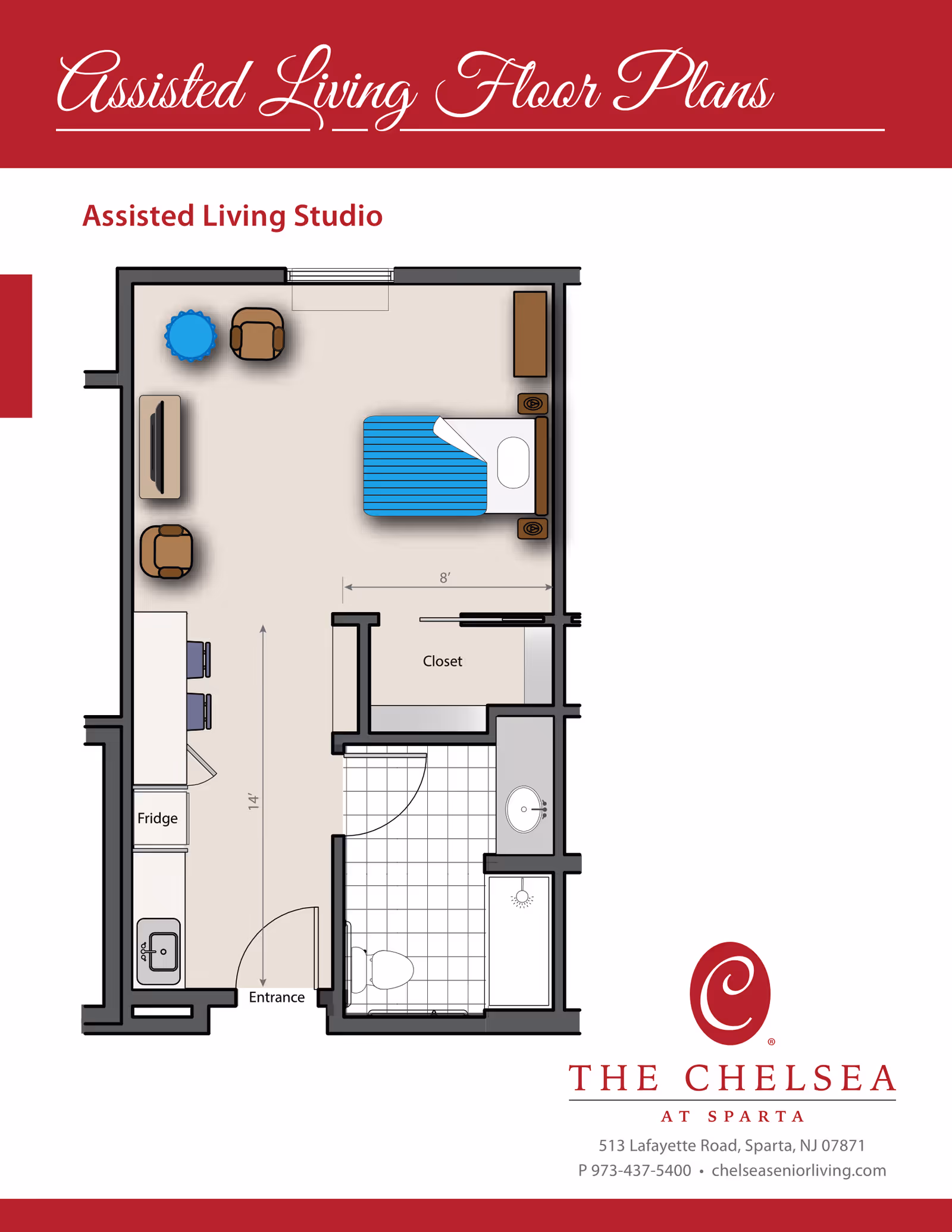 Illustrated assisted living studio floor plan showing a bed, kitchenette, bathroom, closet, and furnished living area.
