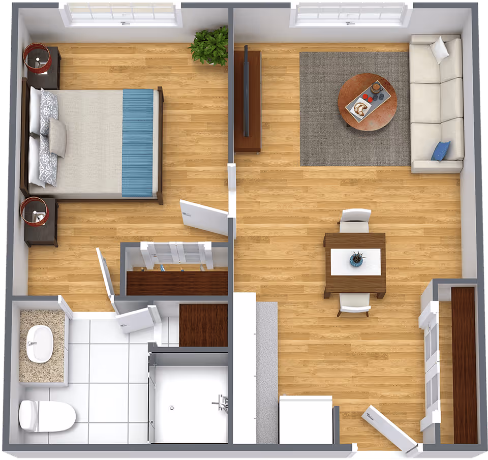 Top-down view of a small apartment floor plan showing a bedroom with a bed and two nightstands, a bathroom with a toilet, sink, and shower, and an open living area with a sofa, coffee table, TV, dining table with two chairs, and a kitchen area with cabinets and appliances.