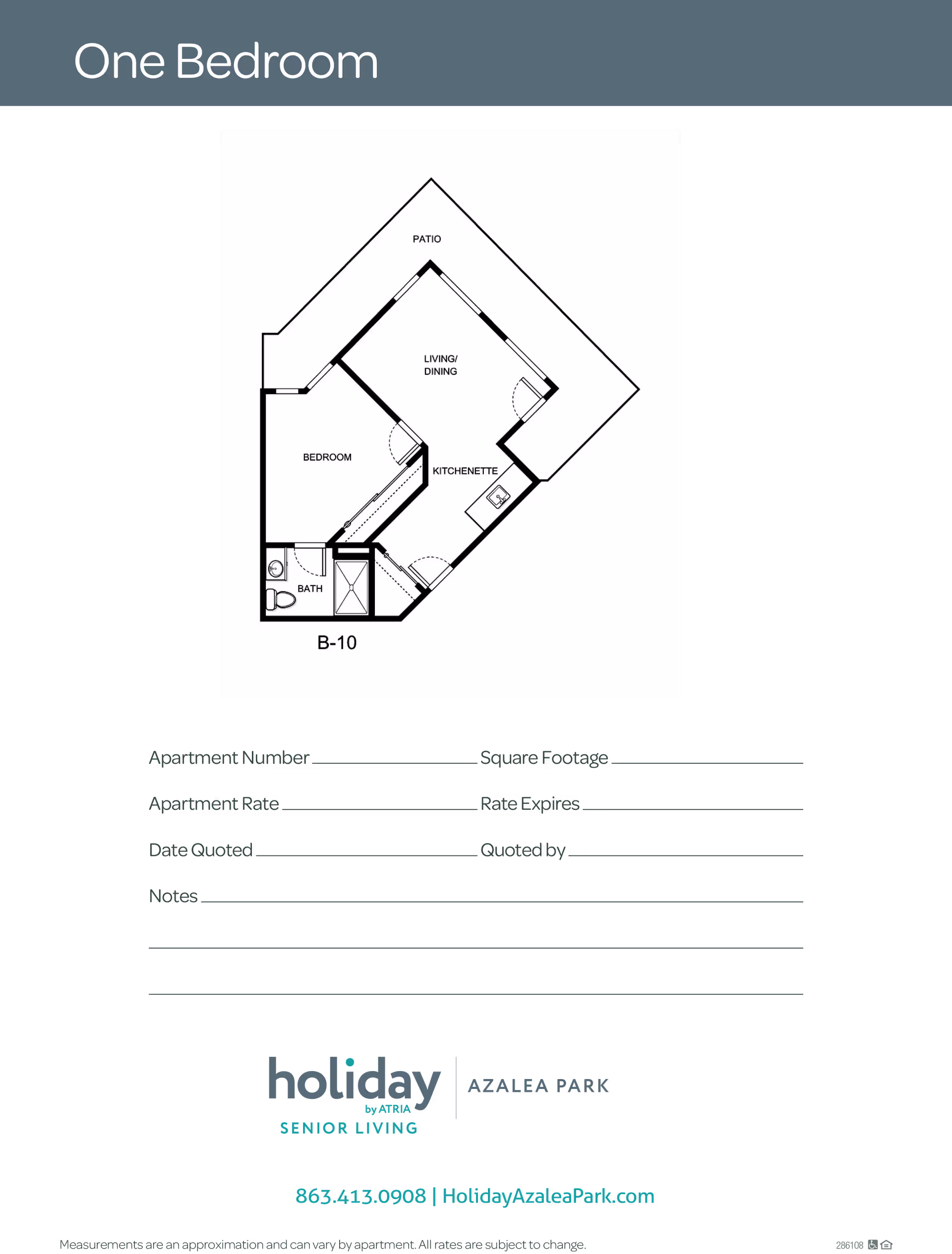 Black-and-white one-bedroom floor plan (unit B-10) showing bedroom, bath, kitchenette, living/dining area and patio.