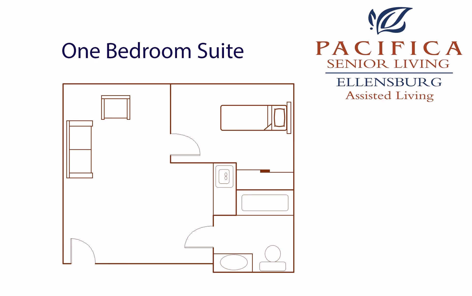 Floor plan layout of a one bedroom suite at Pacifica Senior Living Ellensburg Assisted Living, showing a living area with sofa and chair, a bedroom with a bed, and a bathroom with a sink, bathtub, and toilet.
