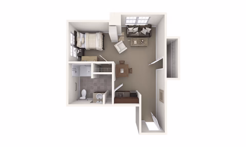 Top-down view of a senior living apartment floor plan featuring a bedroom with a bed and nightstand, a bathroom with a toilet, sink, and shower, a small kitchen area, a dining table with chairs, and a living room with a sofa, armchair, and coffee table.