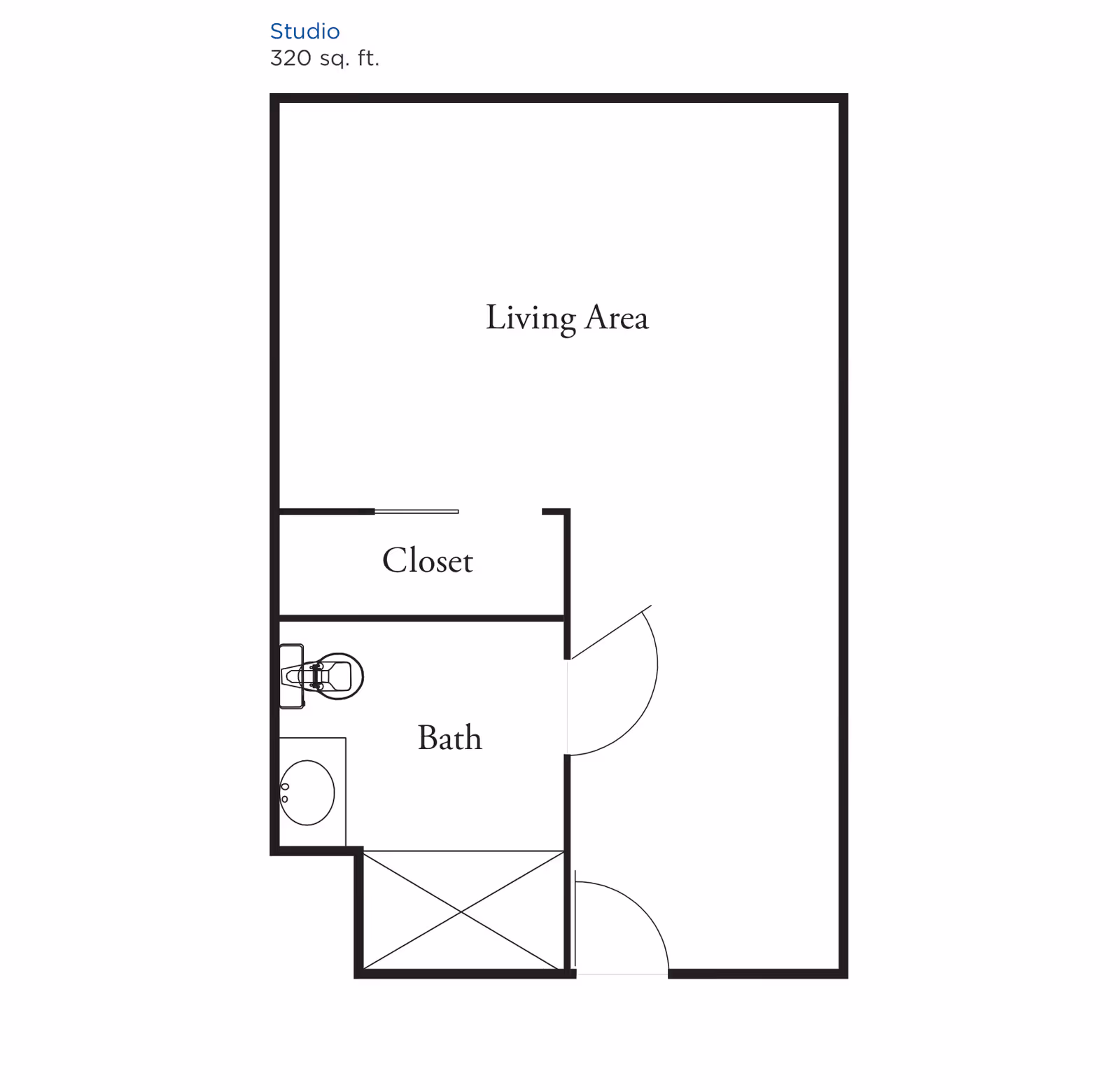 Floor plan of a studio apartment with 320 square feet, showing a living area, a closet, and a bathroom with a toilet and sink.