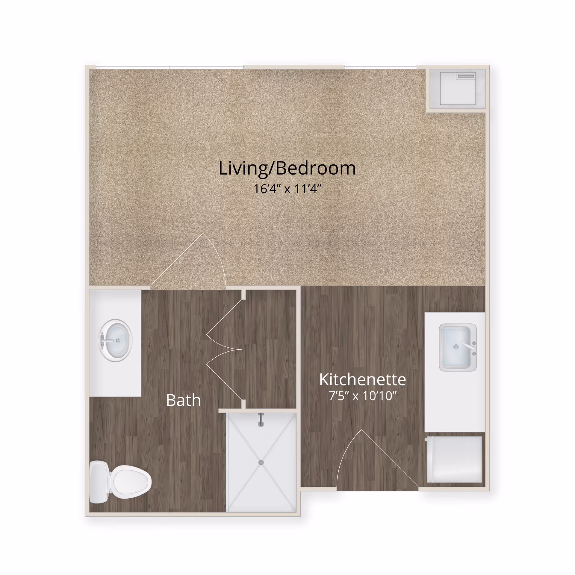 Floor plan of a small living space at Élan Westpointe at New Braunfels showing a combined living and bedroom area measuring 16 feet 4 inches by 11 feet 4 inches, a bath with a toilet, sink, and shower, and a kitchenette measuring 7 feet 5 inches by 10 feet 10 inches with a sink and small appliance space.