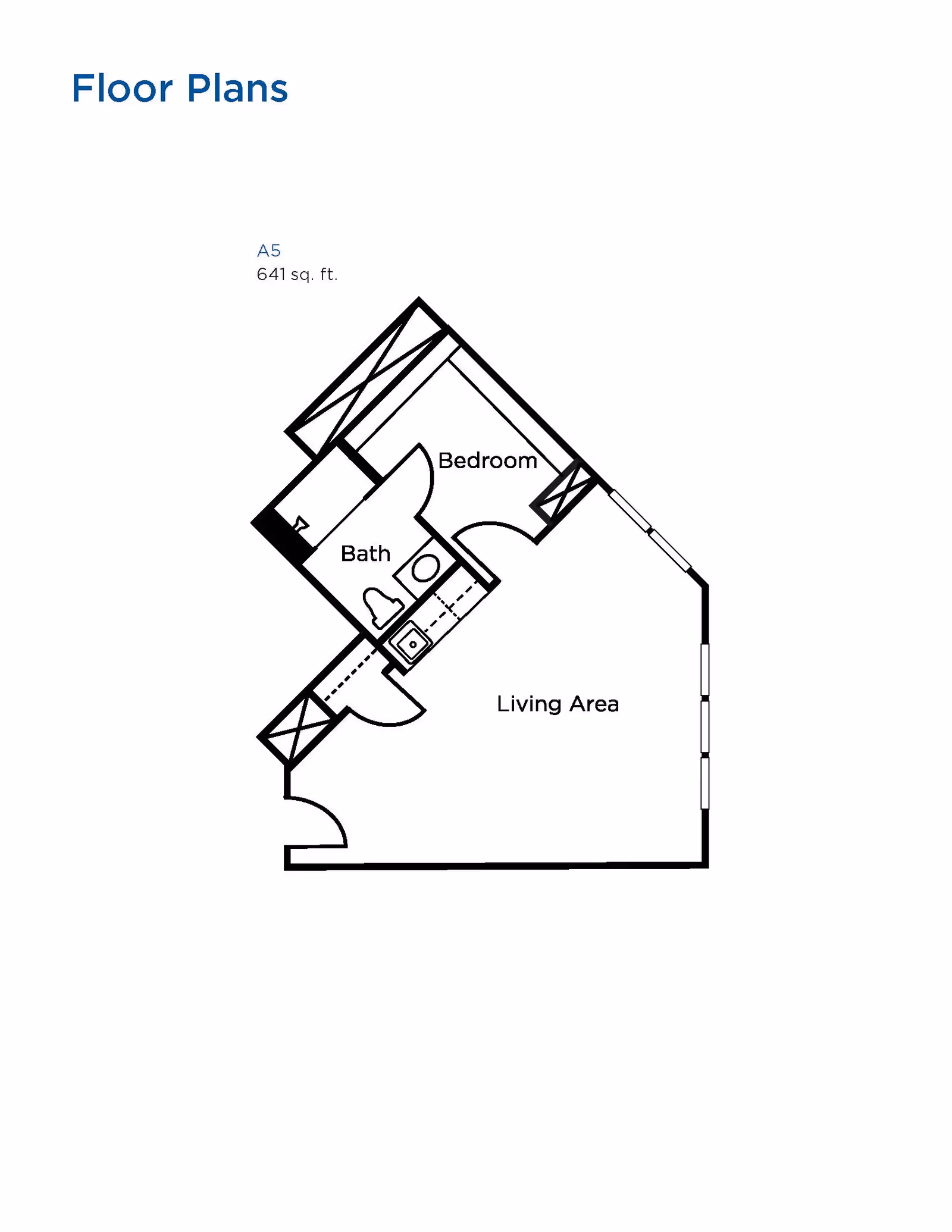 Floor plan layout of a 641 square feet unit labeled A5, showing a bedroom, bath, and living area with doors and windows marked.