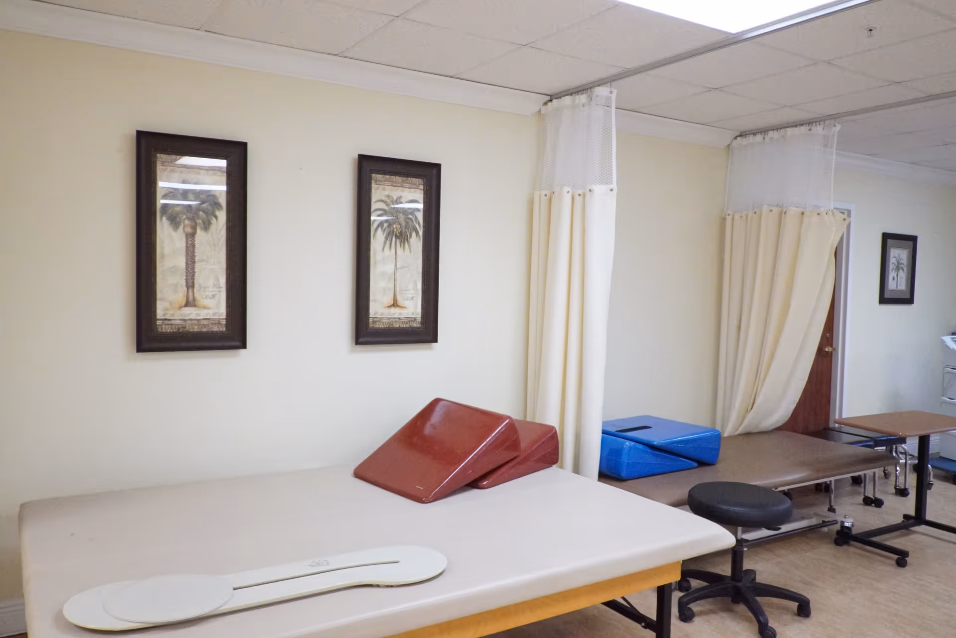 Treatment room with padded therapy tables, foam wedges, rolling stools and privacy curtains beneath framed palm tree artwork.