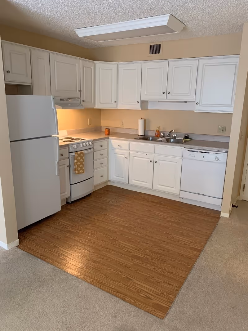 A compact kitchen area with white cabinets, a white refrigerator, a white stove with an oven, a double sink, and a white dishwasher. The kitchen has wood-patterned flooring that contrasts with the surrounding beige carpet. The walls are painted beige, and there is a fluorescent light fixture on the ceiling.