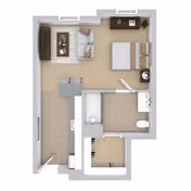 Top-down floor plan of a one-bedroom apartment featuring a living room with sofa and coffee table, a bedroom with a bed and nightstand, a bathroom with a toilet and sink, and a kitchen area with appliances and dining table.