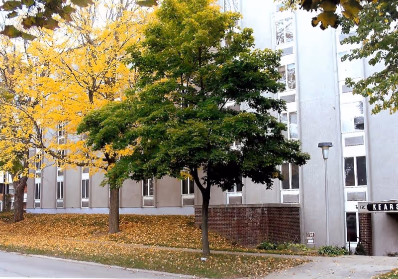 Exterior view of a multi-story building with several windows, surrounded by trees with green and yellow leaves and fallen leaves on the ground, indicating autumn season. A small sign near the entrance reads 'FOR RENT'.
