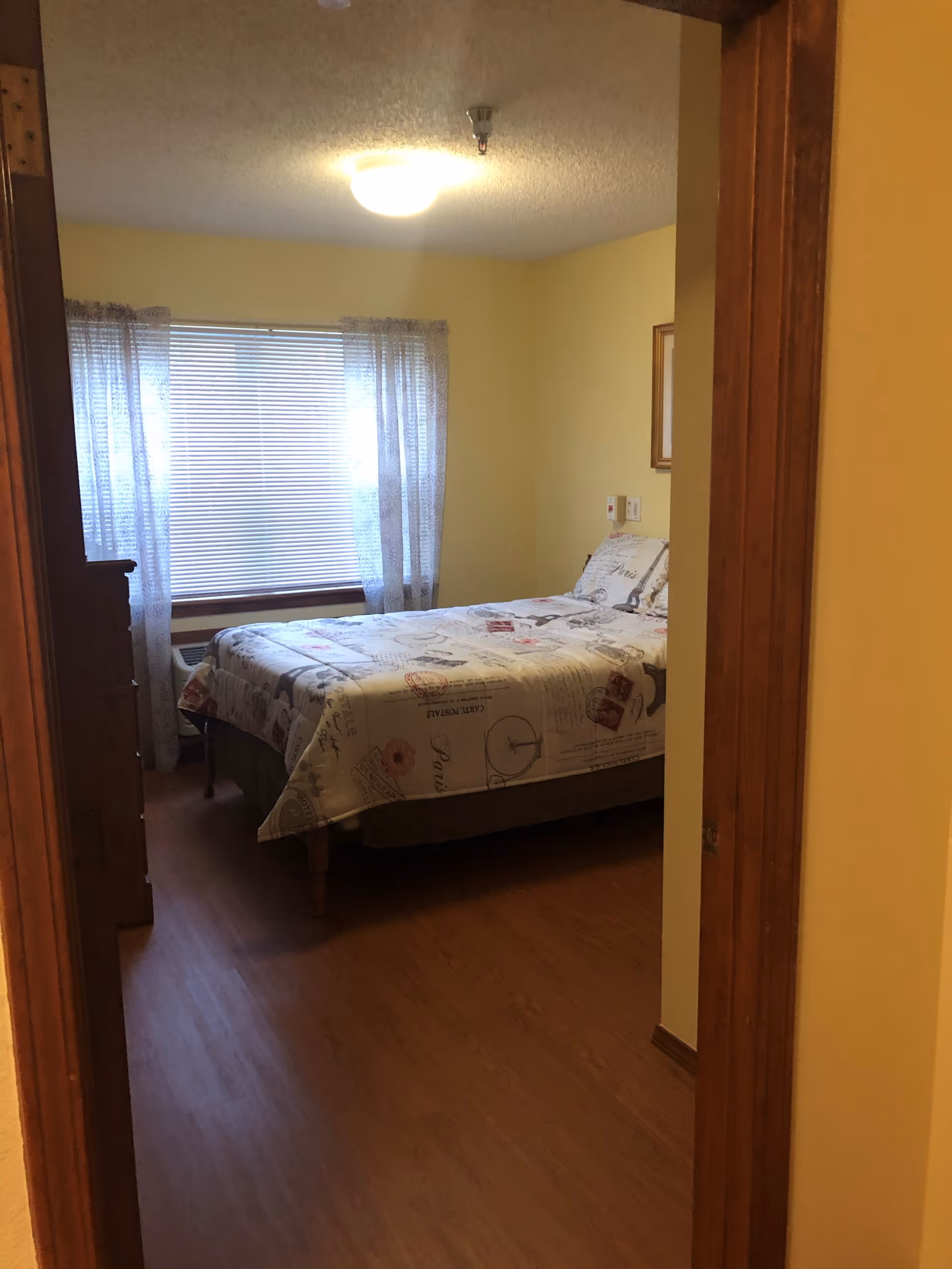 View through a doorway into a bedroom with a bed covered in a patterned quilt, a window with blinds and sheer curtains, wooden flooring, and a dresser to the left.