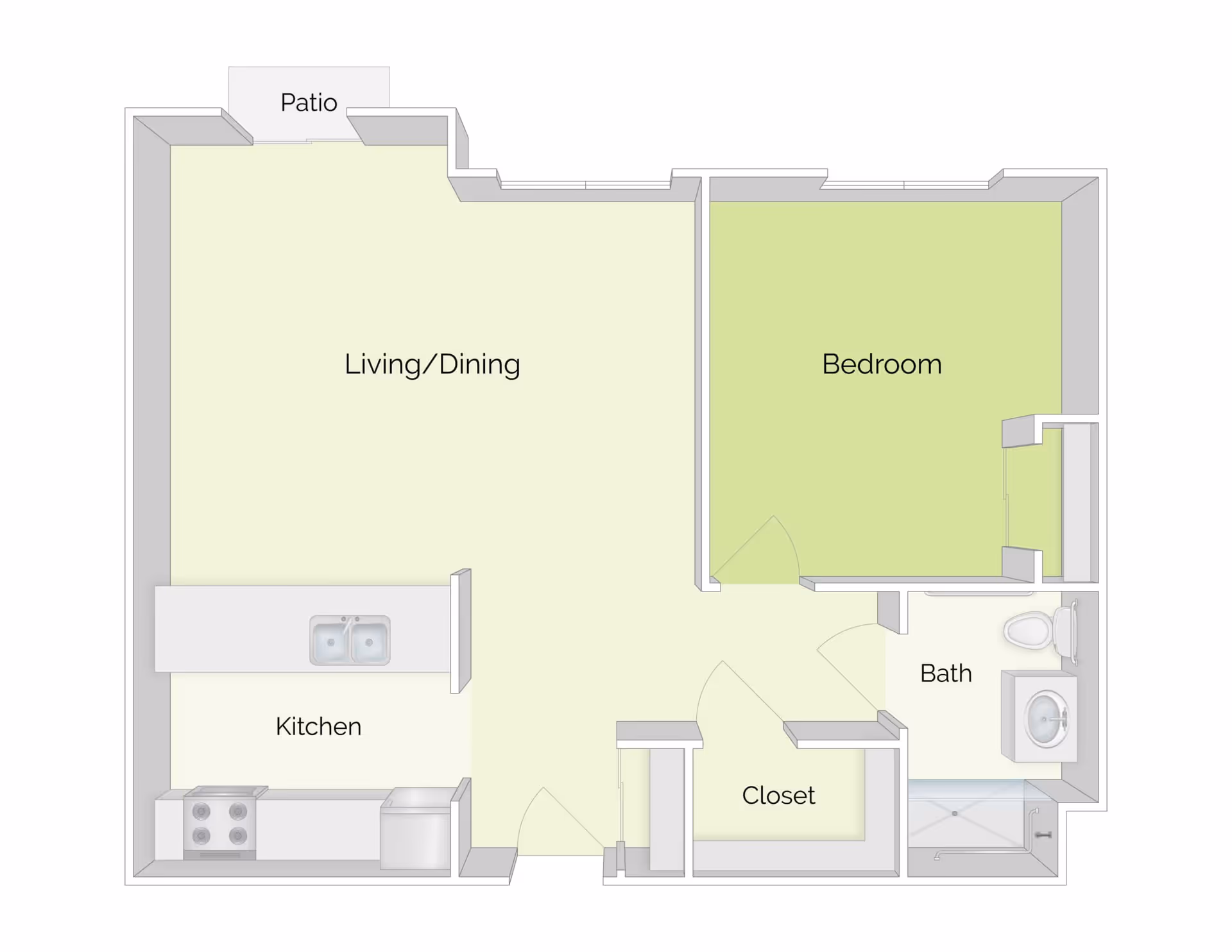Floor plan of a one-bedroom apartment showing a living/dining room, kitchen, bedroom, bathroom, closet, and patio.