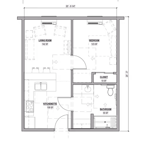 Architectural floor plan showing a layout with labeled areas including a living room (142 square feet), bedroom (123 square feet), kitchenette (109 square feet), closet (10 square feet), and bathroom (93 square feet). Dimensions of the overall space are also indicated.