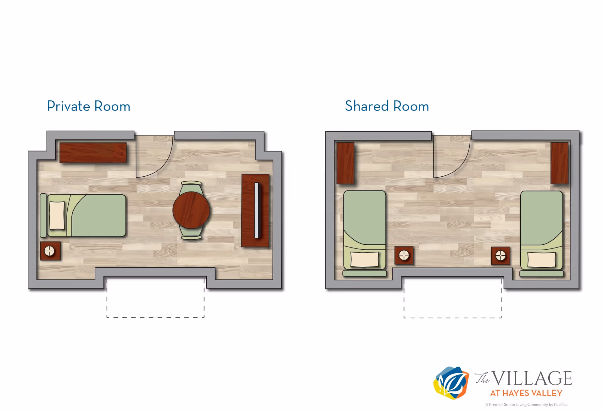 Two labeled floor-plan diagrams side-by-side showing layouts for a private room and a shared room with beds, furniture, and doors.