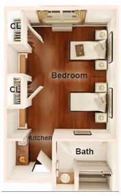 Top-down floor plan of a senior living unit showing a bedroom with two beds, two closets, a small kitchen area, and a bathroom with a shower and toilet.