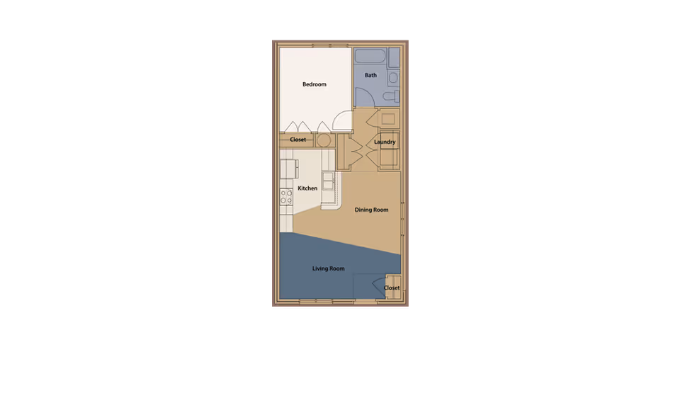 Floor plan of a one-bedroom apartment at Fieldstone Apartments showing a bedroom, bathroom, laundry area, kitchen, dining room, living room, and two closets.