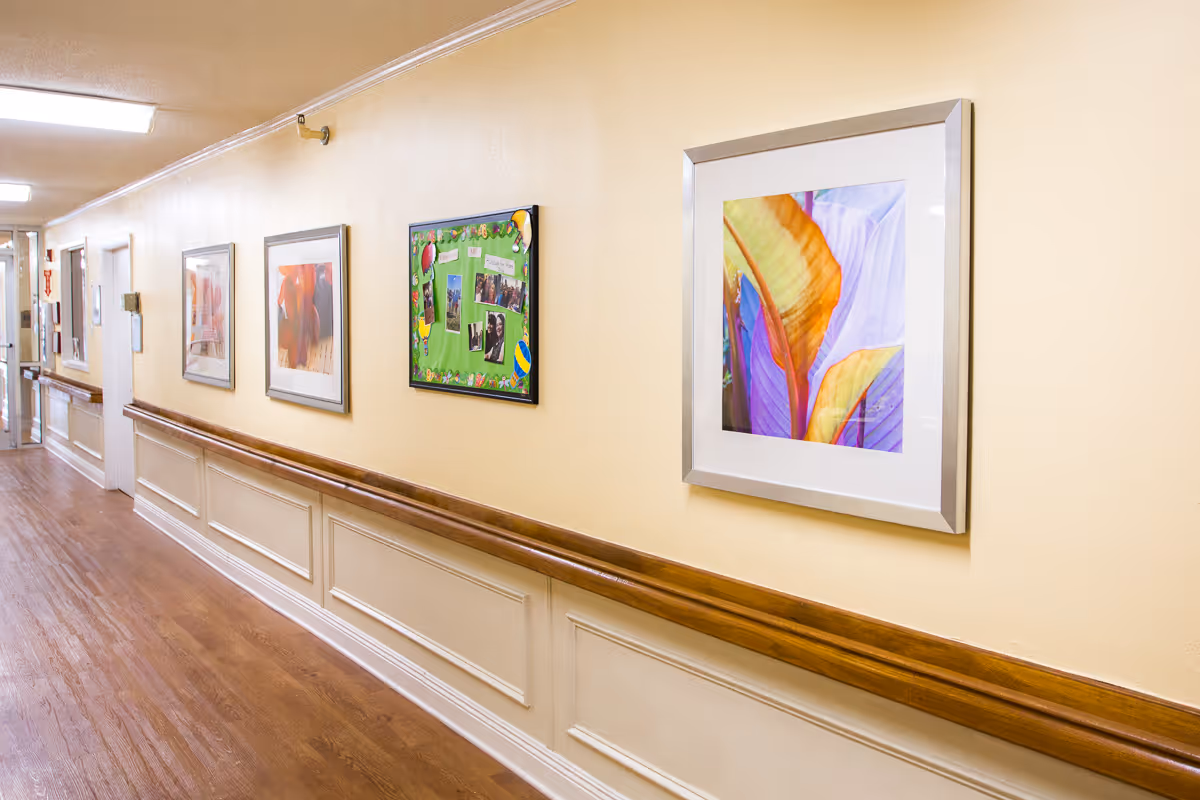 A well-lit hallway with wooden flooring and beige walls adorned with framed artwork and a bulletin board. The hallway has a wooden handrail along the wall and several doors on the left side.
