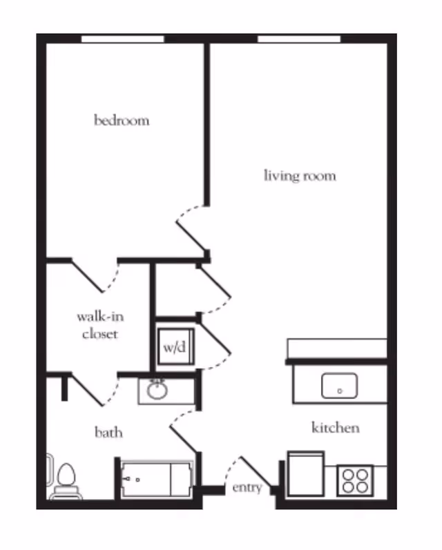 Floor plan of a senior living unit at The Belleview Senior Living showing a bedroom, walk-in closet, bathroom, living room, kitchen, entry, and washer/dryer area.