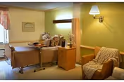 A well-lit senior bedroom with a hospital-style bed, bedside table, armchair, wall-mounted lamp, and a window with curtains.