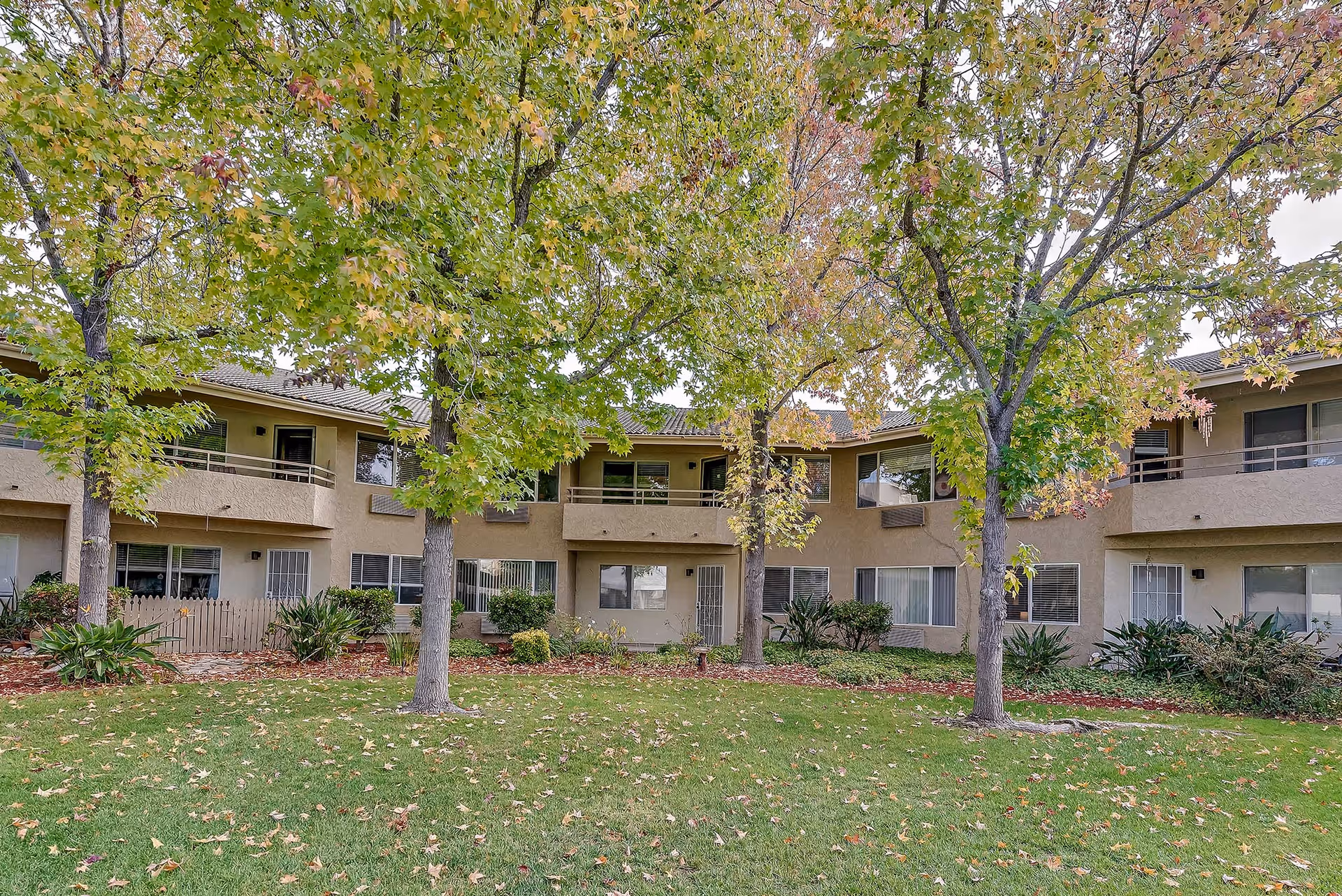 Two-story beige senior living building with balconies facing a grassy lawn and several trees with autumn leaves.