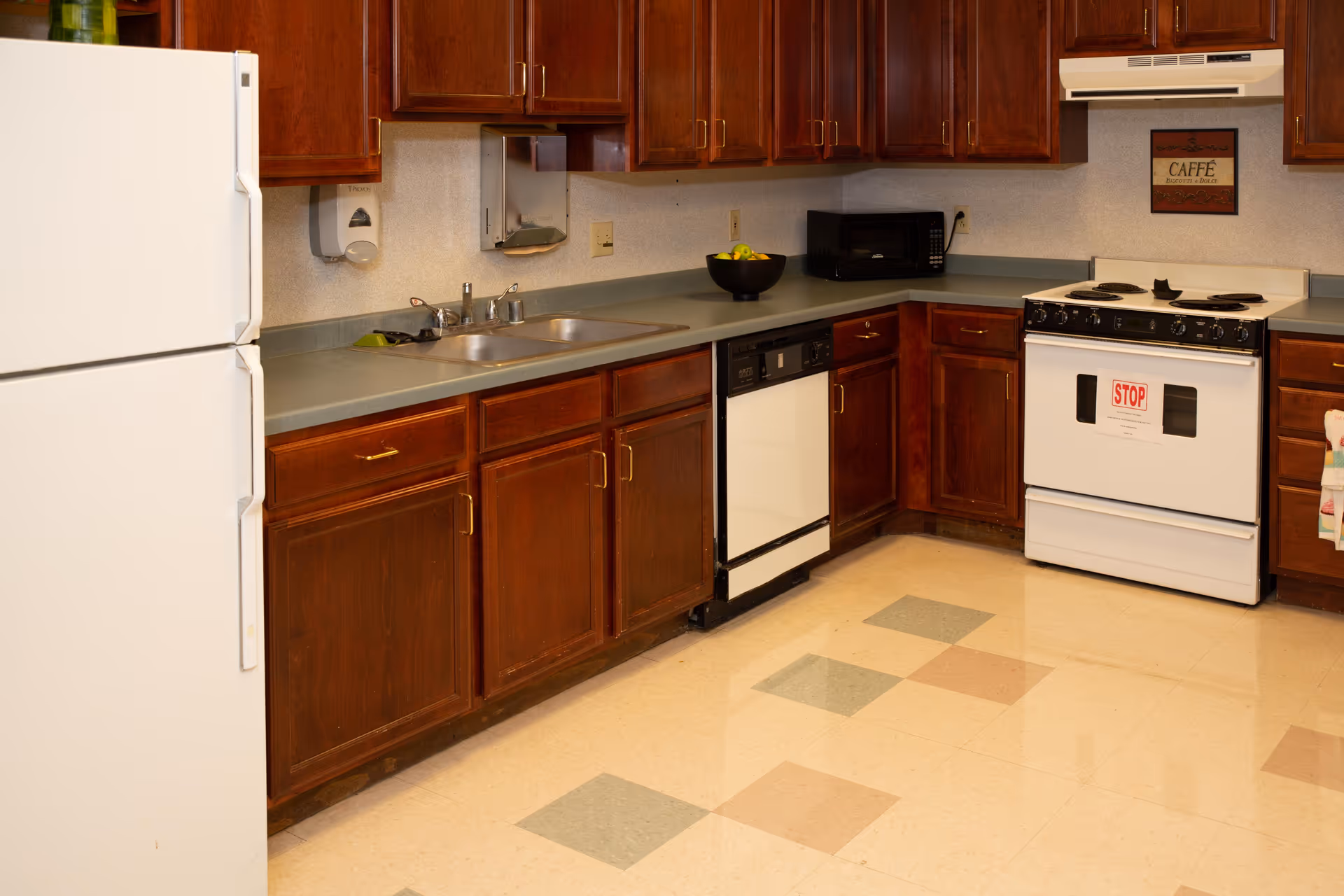 A kitchen with wooden cabinets, a white refrigerator, a white stove with a 'STOP' sign on the oven door, a dishwasher, a microwave, a double sink, and a bowl of fruit on the countertop. The floor has a pattern of beige, green, and pink tiles.