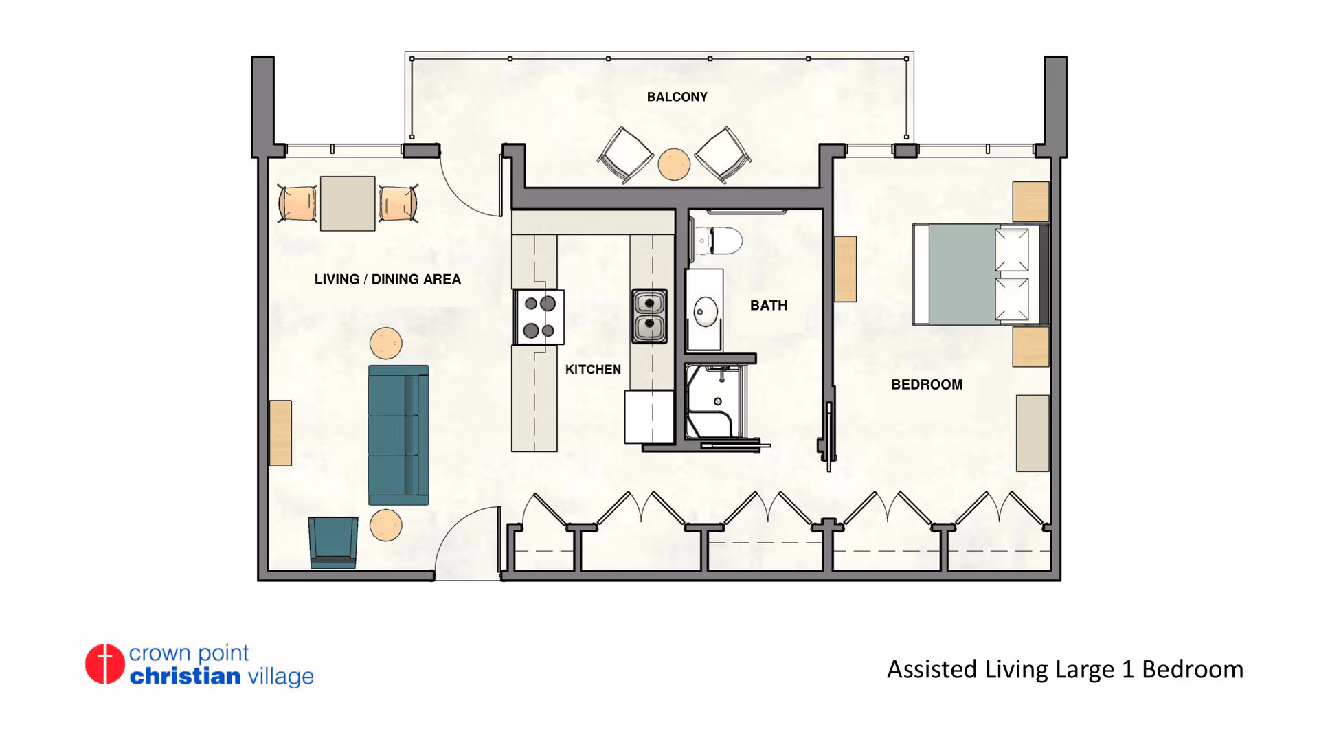 Floor plan of an assisted living large 1 bedroom apartment at Crown Point Christian Village, showing a living/dining area, kitchen, bathroom, bedroom, and balcony with furniture layout.