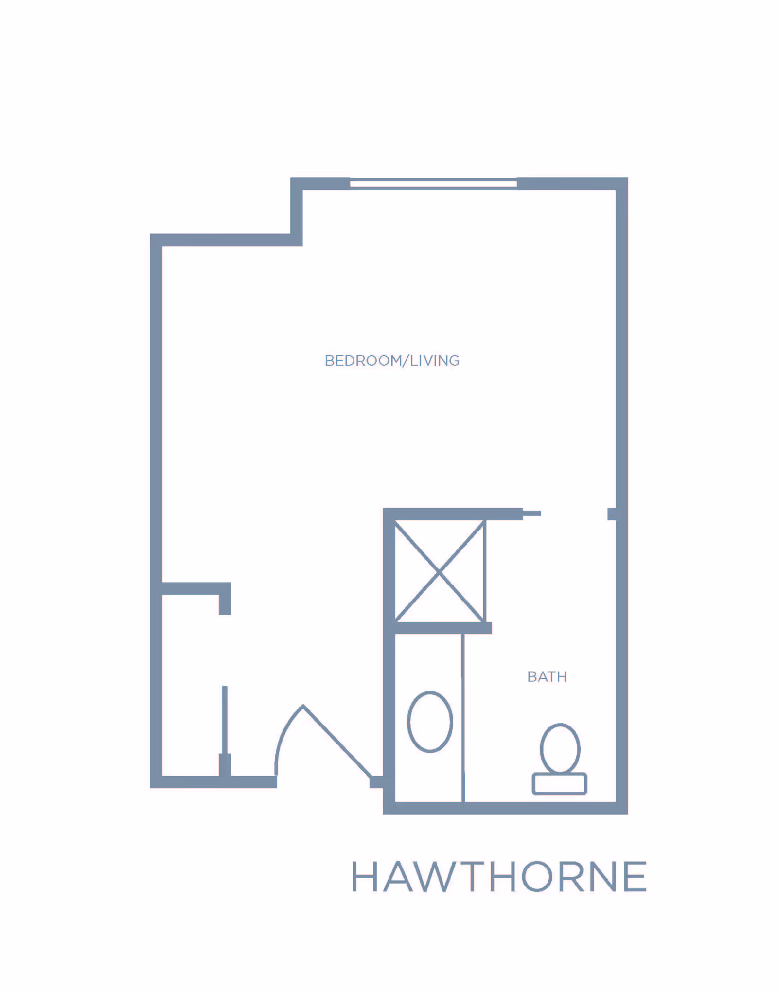 Floor plan labeled Hawthorne showing a combined bedroom/living area and a separate bathroom with a toilet and shower.